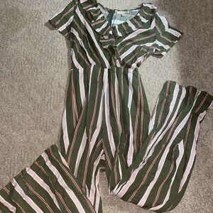 Polagram jumpsuit striped hidden zipper back front snap closure
